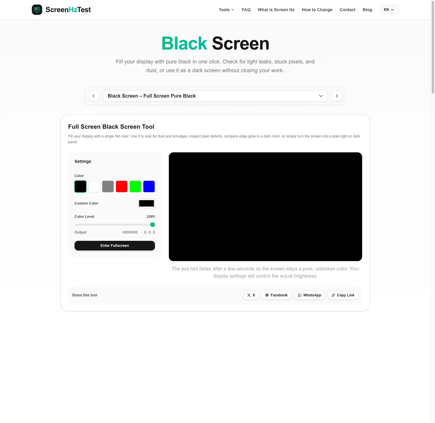 Black screen tool with color presets, custom color picker, level slider, and a pure black preview