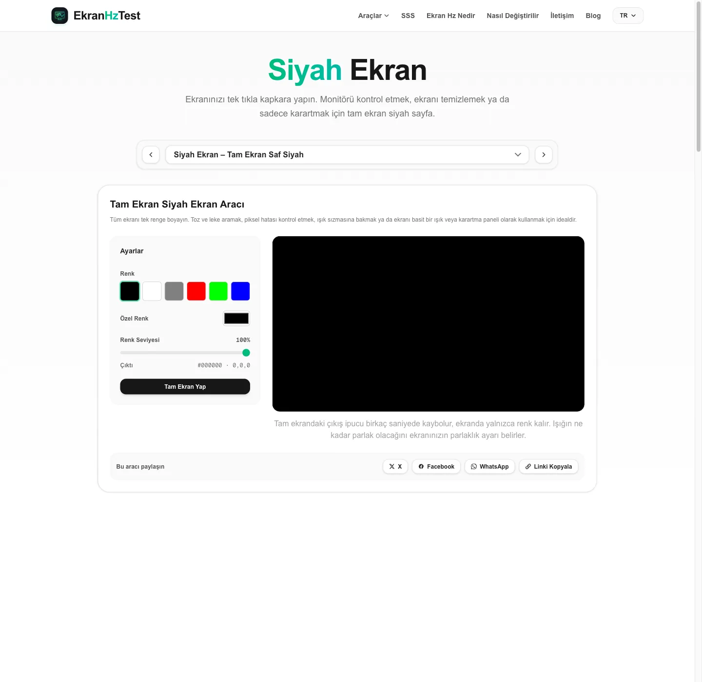 Siyah ekran aracı: renk ön ayarları, özel renk seçici ve siyah önizleme alanı