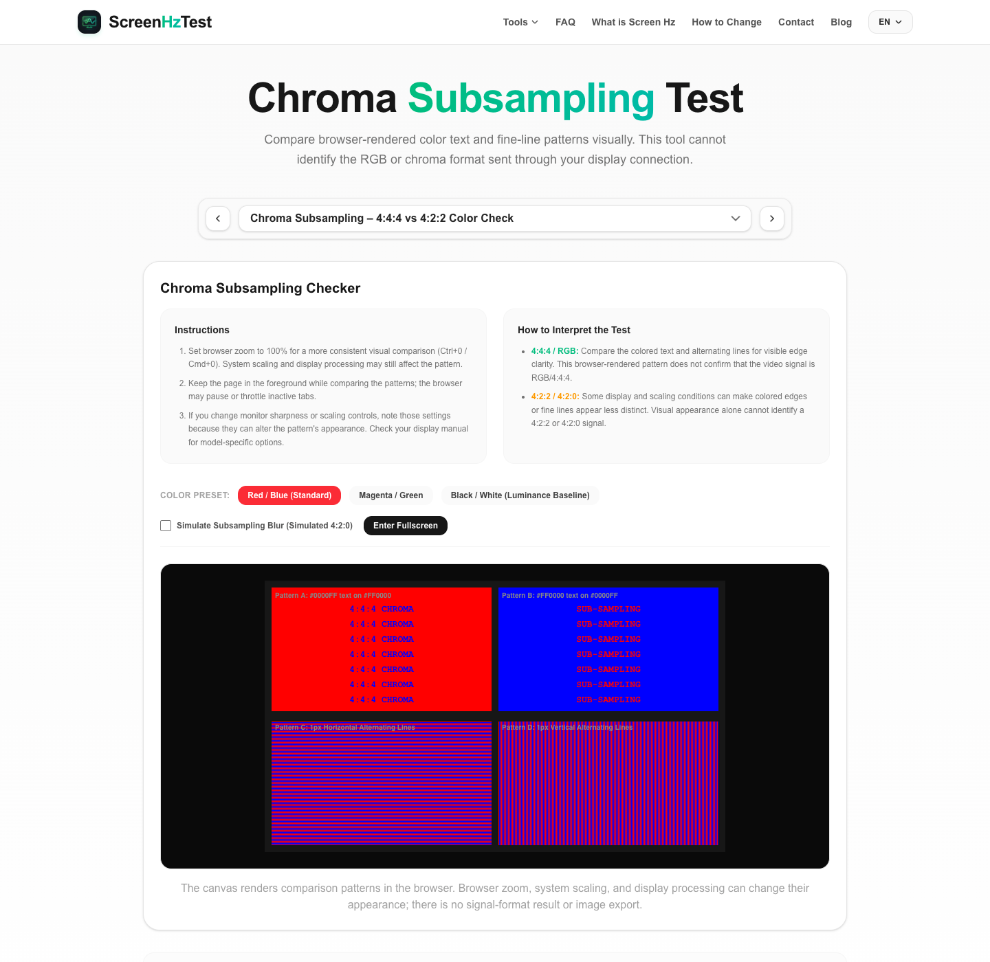 Browser-rendered chroma comparison patterns and tool controls