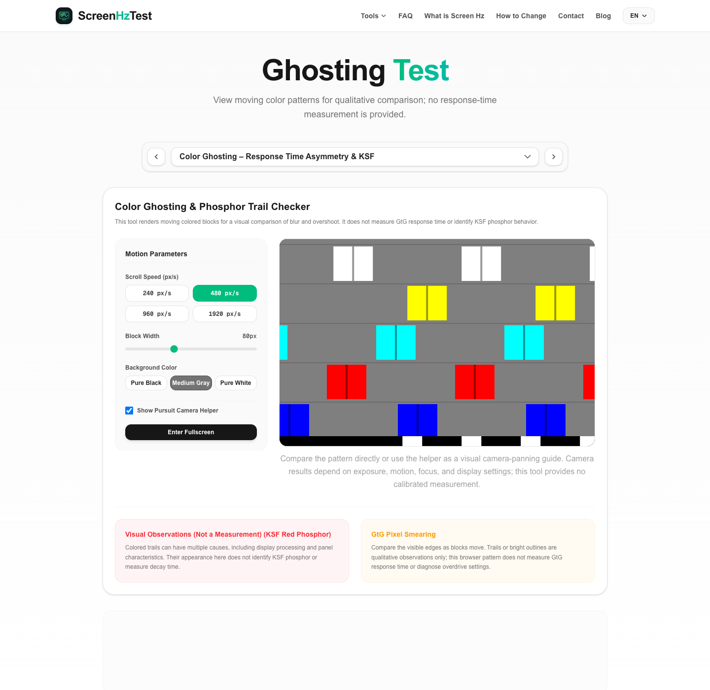 Color ghosting test controls and moving color patterns
