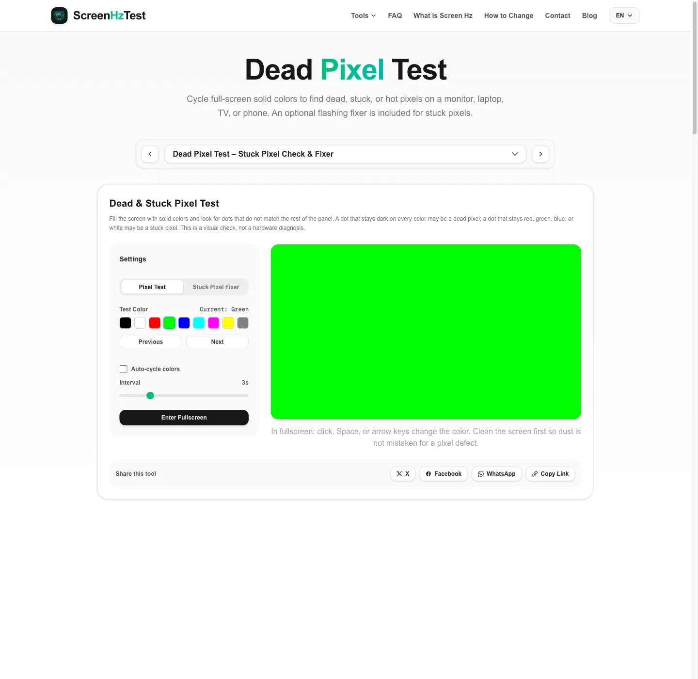 Dead pixel test tool with color swatches, auto-cycle setting, and a full-color preview