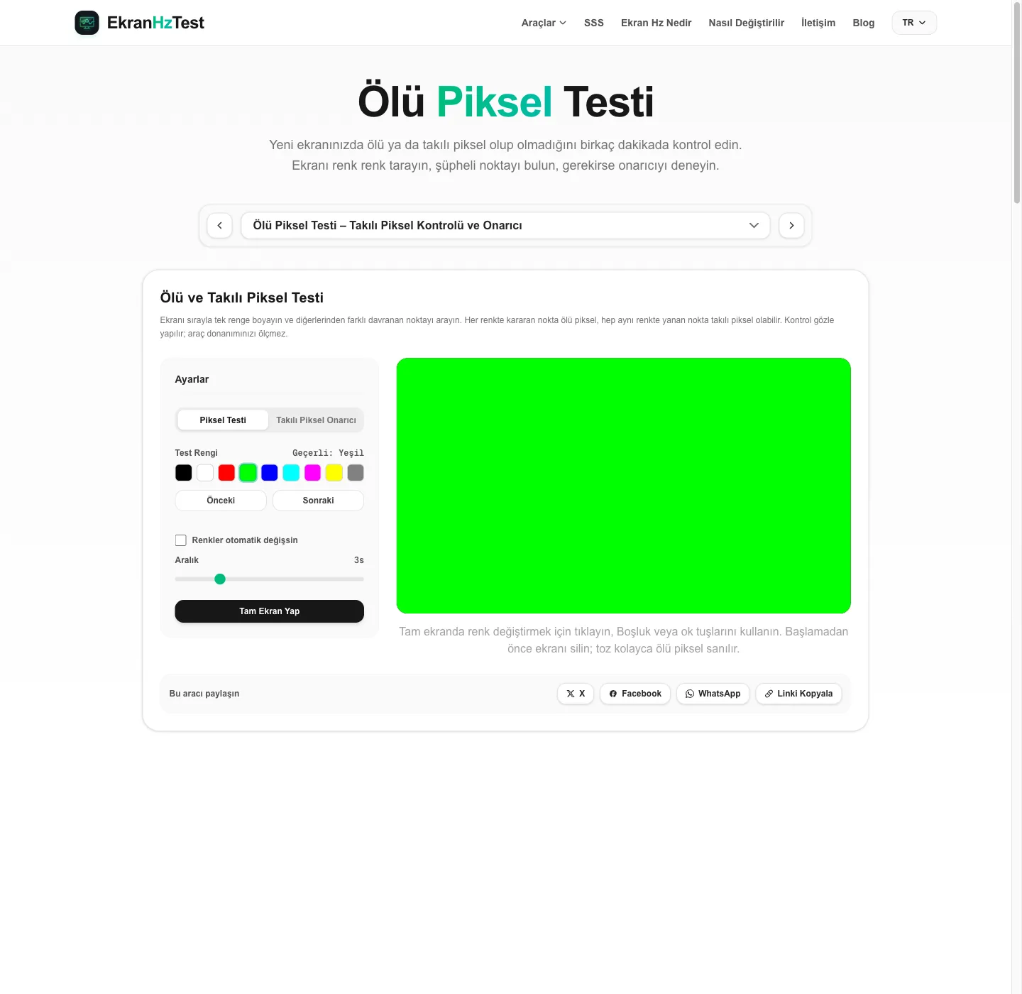 Ölü piksel testi aracı: renk seçimi, otomatik geçiş ayarı ve yeşil test ekranı