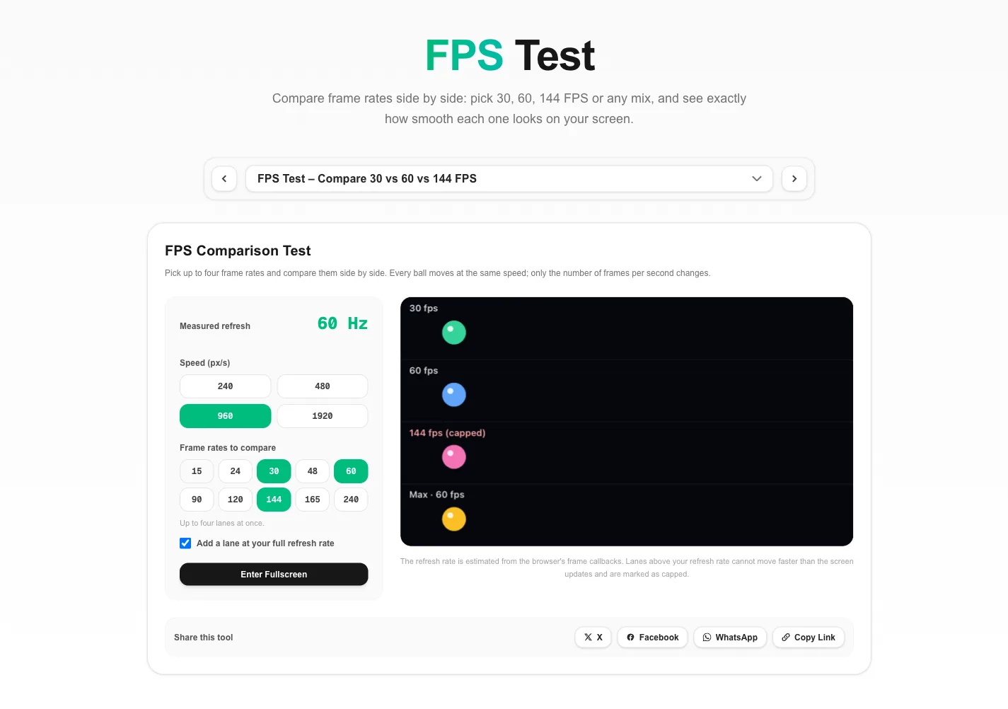 FPS test comparing balls moving at 30, 60 and maximum frames per second