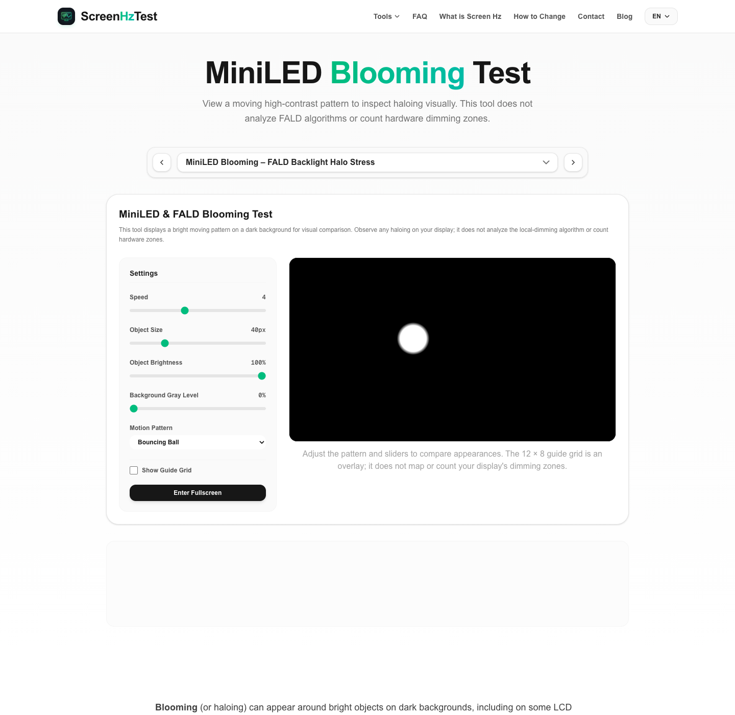 MiniLED blooming test controls and browser-rendered contrast pattern