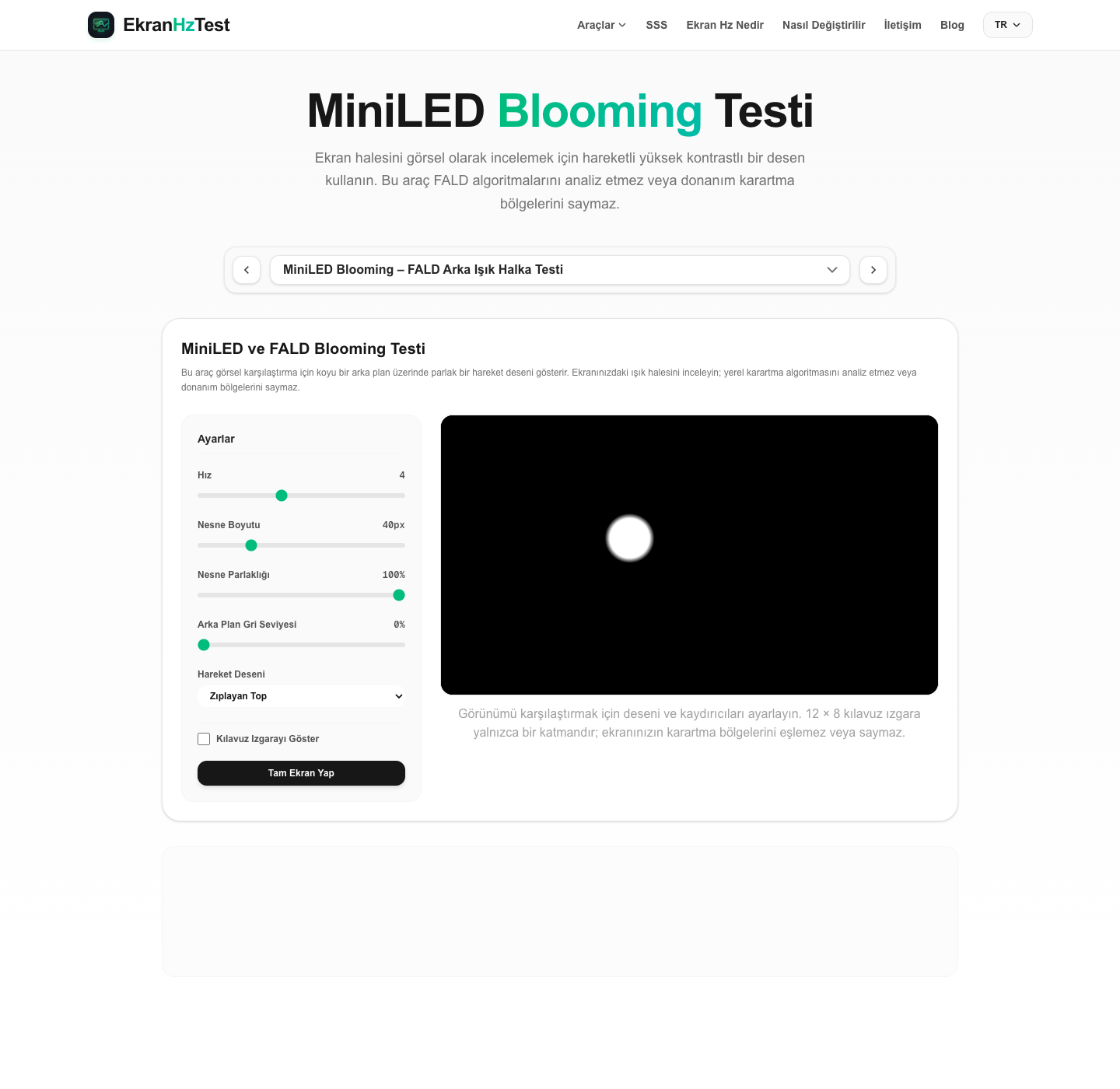 MiniLED blooming testi kontrolleri ve tarayıcıda oluşturulan kontrast deseni