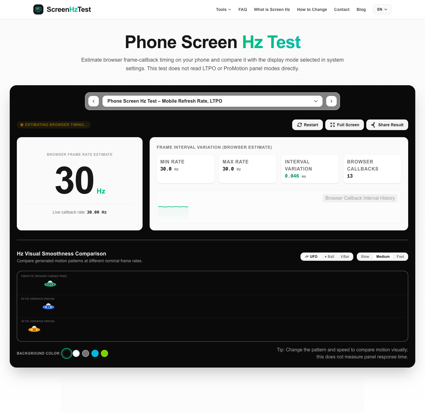 Phone screen Hz tool running in a desktop Chrome viewport