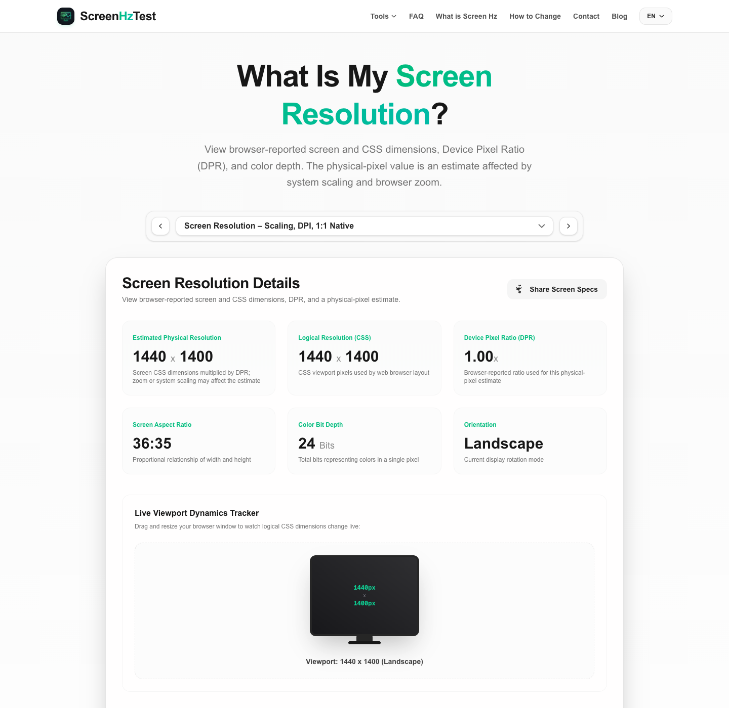 Screen resolution tool showing browser-reported dimensions and a viewport example