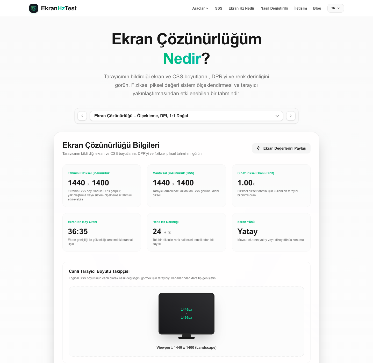 Tarayıcı boyutlarını ve görünüm örneğini gösteren ekran çözünürlüğü aracı