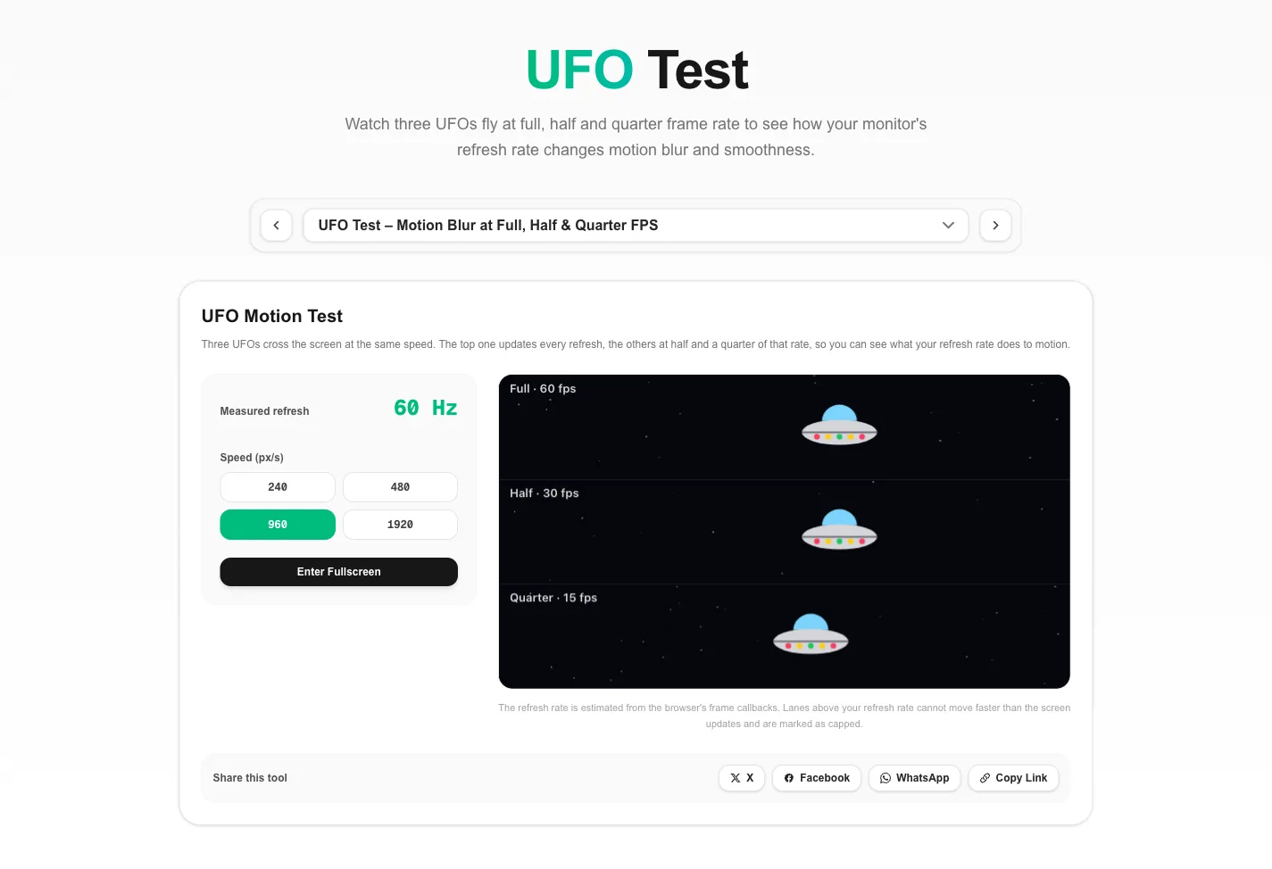 UFO test with three lanes at full, half and quarter frame rate on a starfield