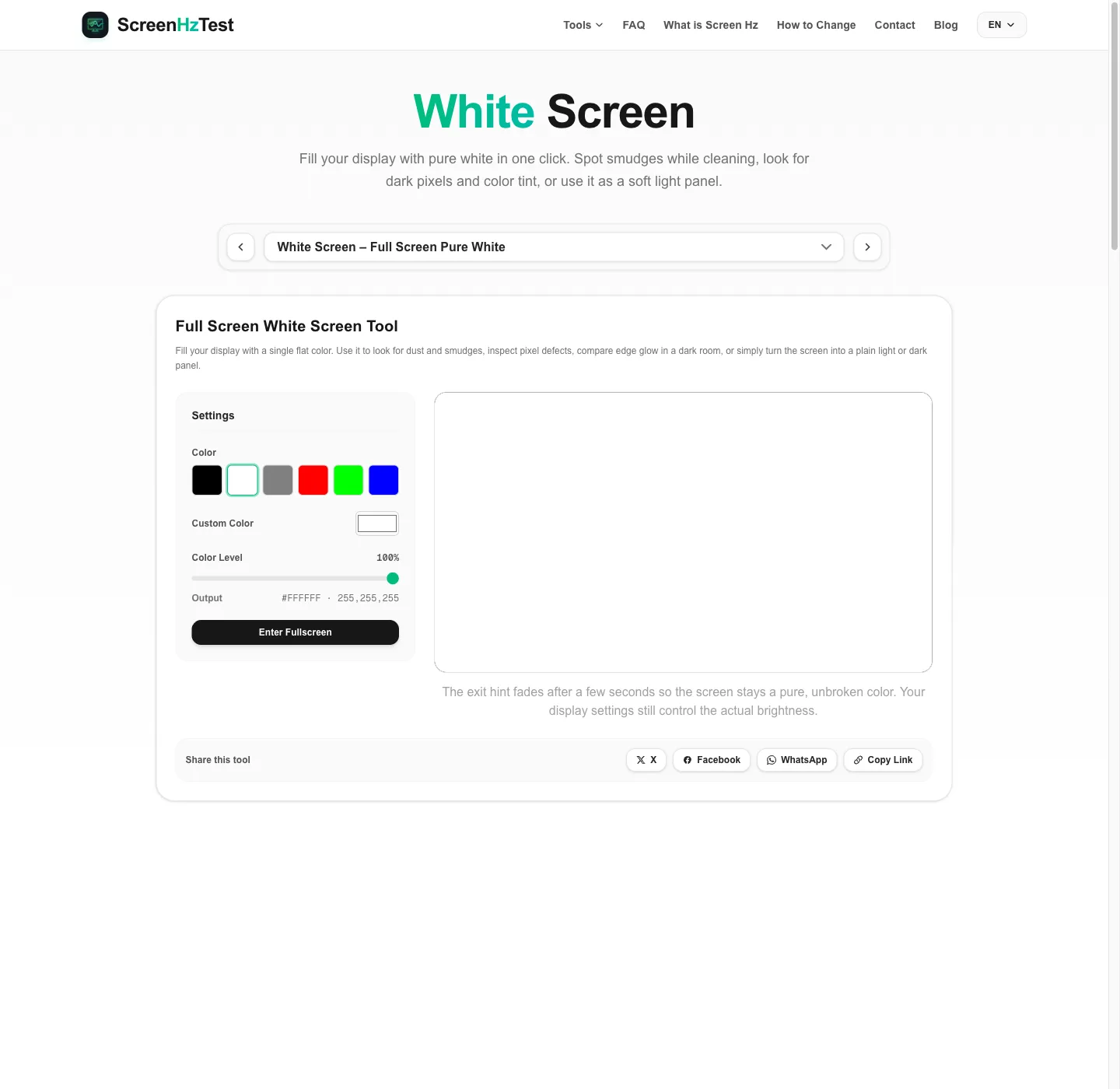 White screen tool with color presets, custom color picker, level slider, and a pure white preview